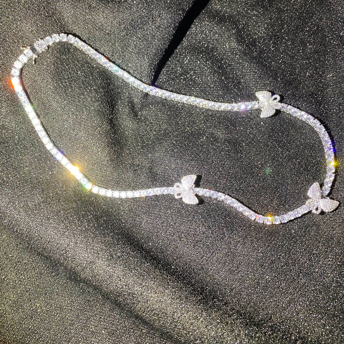 4mm tennis link with fully iced 3 butterflies short diamond necklace choker White Gold kylie jenner kardashians