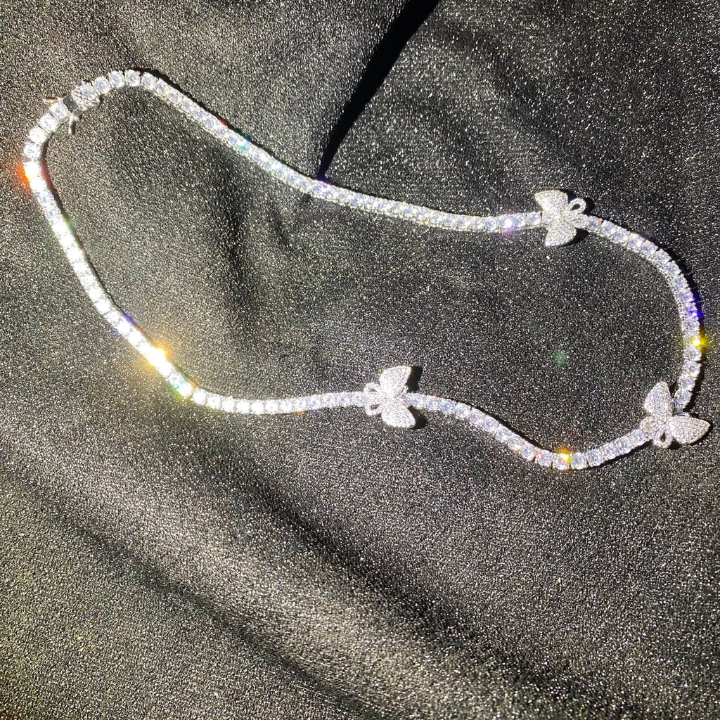 4mm tennis link with fully iced 3 butterflies short diamond necklace choker White Gold kylie jenner kardashians