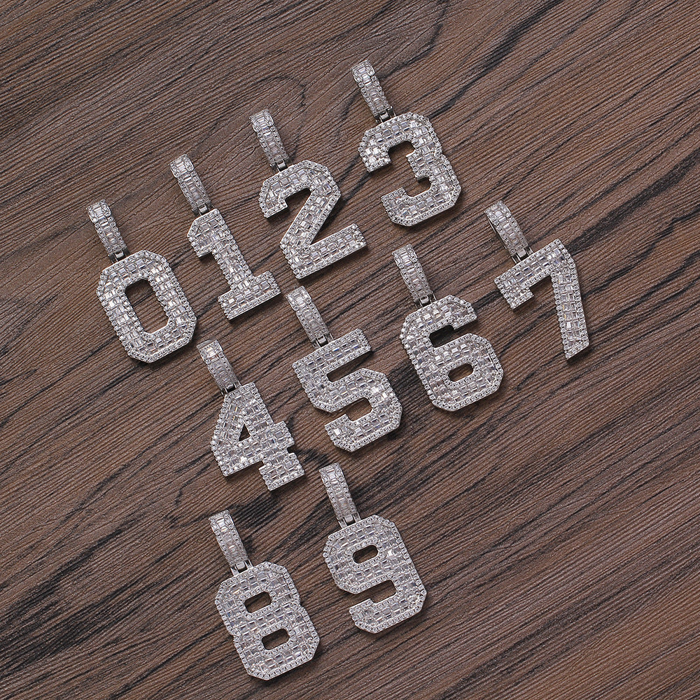 Custom number baguette pendant necklace chain dialmond fully iced instagram famous rapper jewelry hip hop top jewelers 