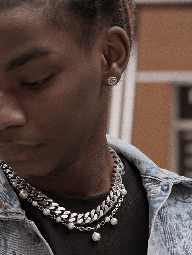 Asap Rocky pearl necklace Chanel cuban links chain with beads vlone playboi carti jeweler diamond gold