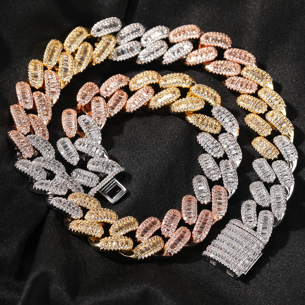 15mm cuban link necklace chain in baguette diamond White Gold Yellow Gold sterling silver hip hop jewelry cheap best quality custom made