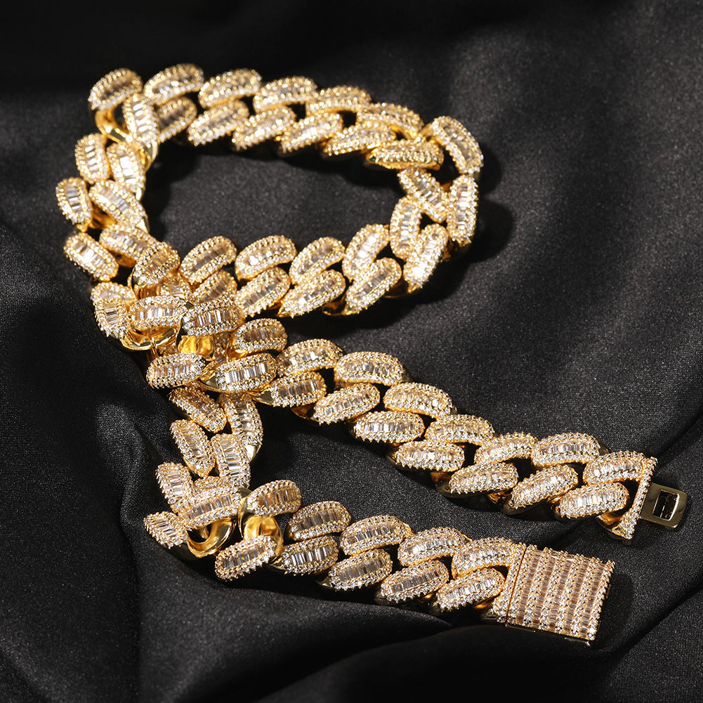 15mm Cuban Link Necklace Chain in Baguette - Yellow Gold 45cm