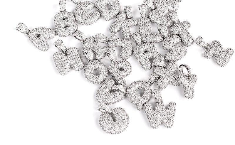 Custom Bubble Letters Initial White Gold Finish A-Z Alphabet Full Iced Out 14k