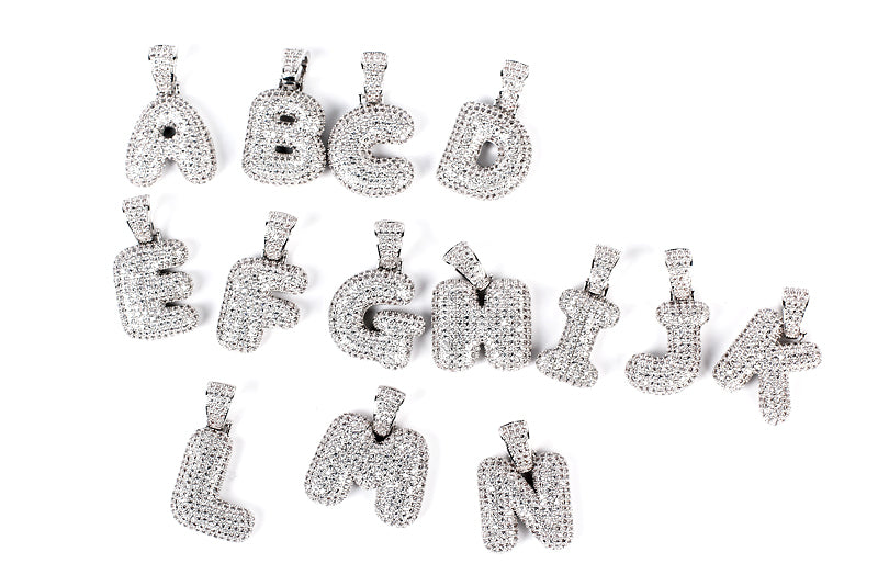 Custom Bubble Letters Initial White Gold Finish A-Z Alphabet Full Iced Out 14k