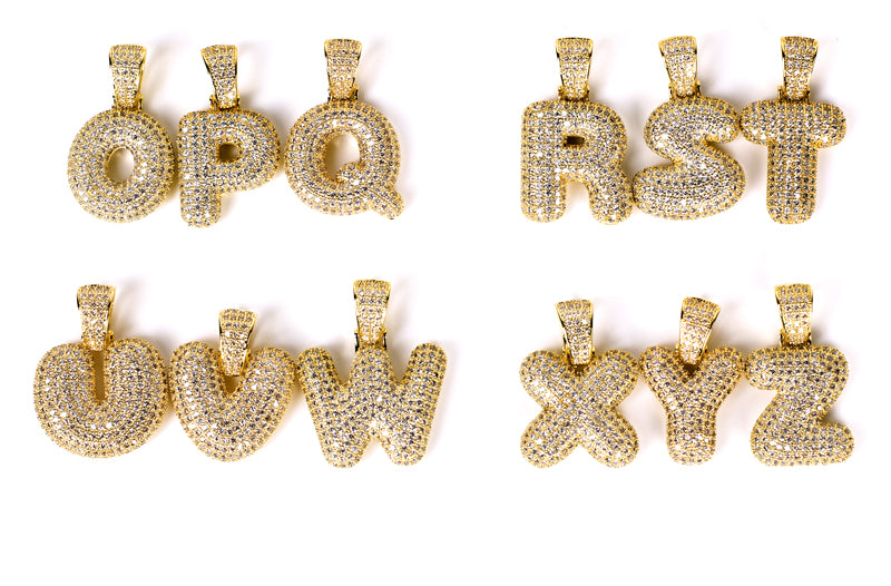 Custom Bubble Letters Initial 14k Gold Finish A-Z Alphabet Full Iced Out