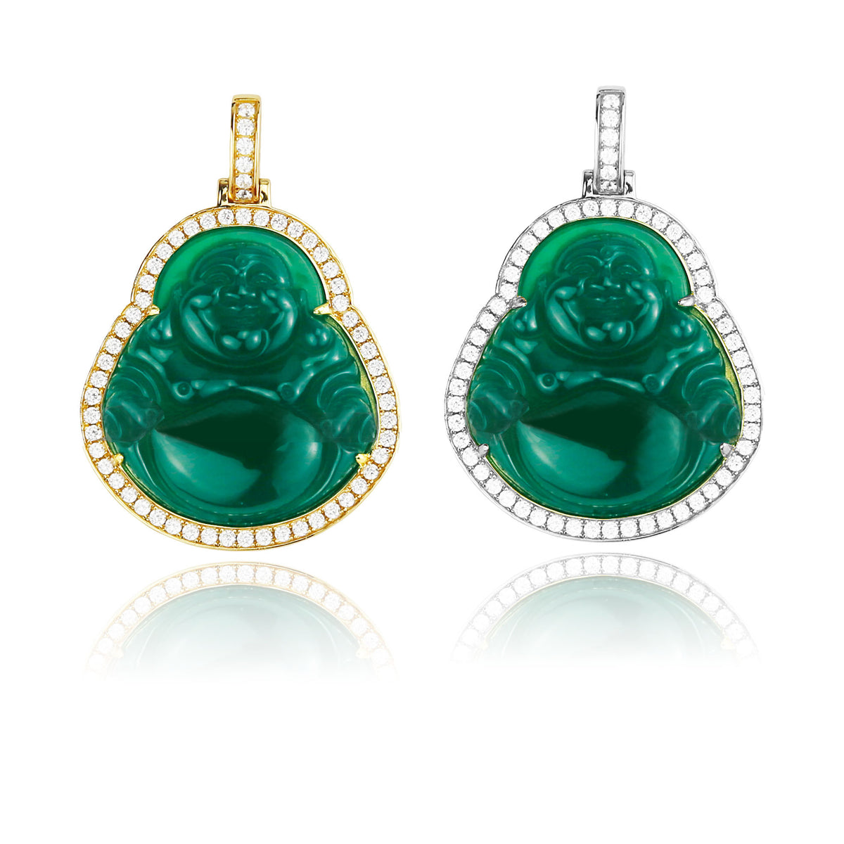Micro Laughing Buddha pendant necklace chain with iced border green jade ifandco