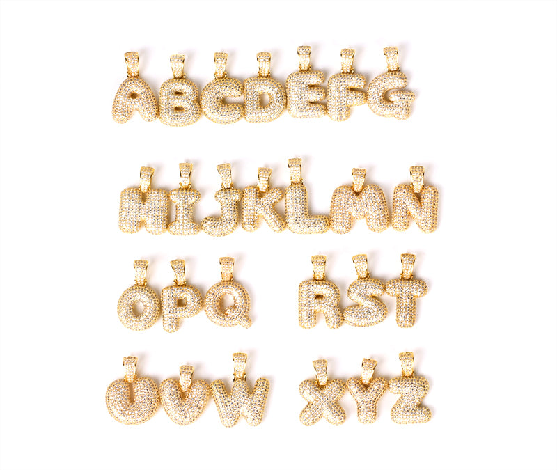 Custom Bubble Letters Initial 14k Gold Finish A-Z Alphabet Full Iced Out