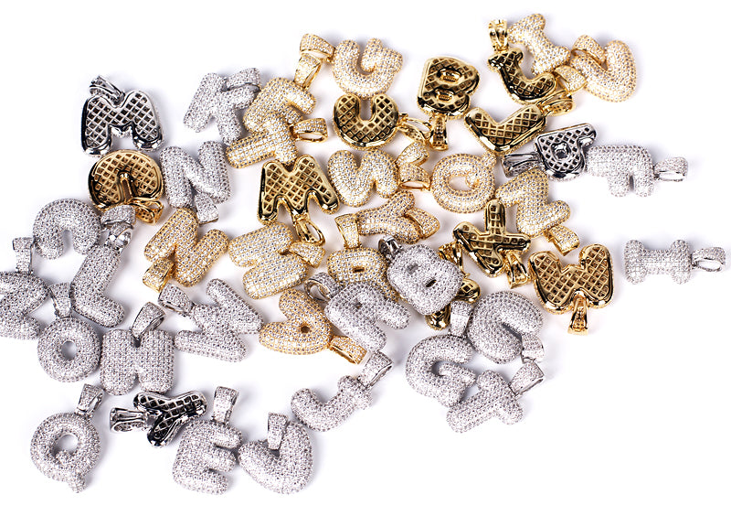 Custom Bubble Letters Initial White Gold Finish A-Z Alphabet Full Iced Out 14k