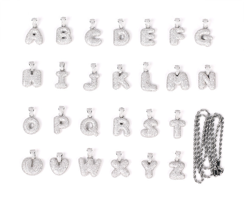 Custom Bubble Letters Initial White Gold Finish A-Z Alphabet Full Iced Out 14k