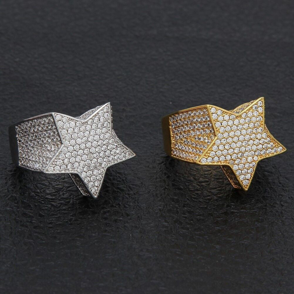 Migos star ring fully iced out 3D White gold SILVER men ring affordable jewelry