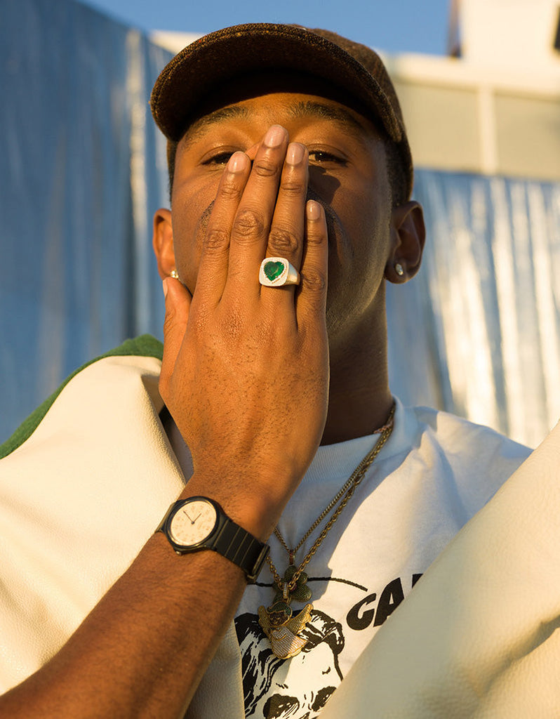 GQ Tyler the creator green heart ring emerald diamond custom made diamond vvs ifandco