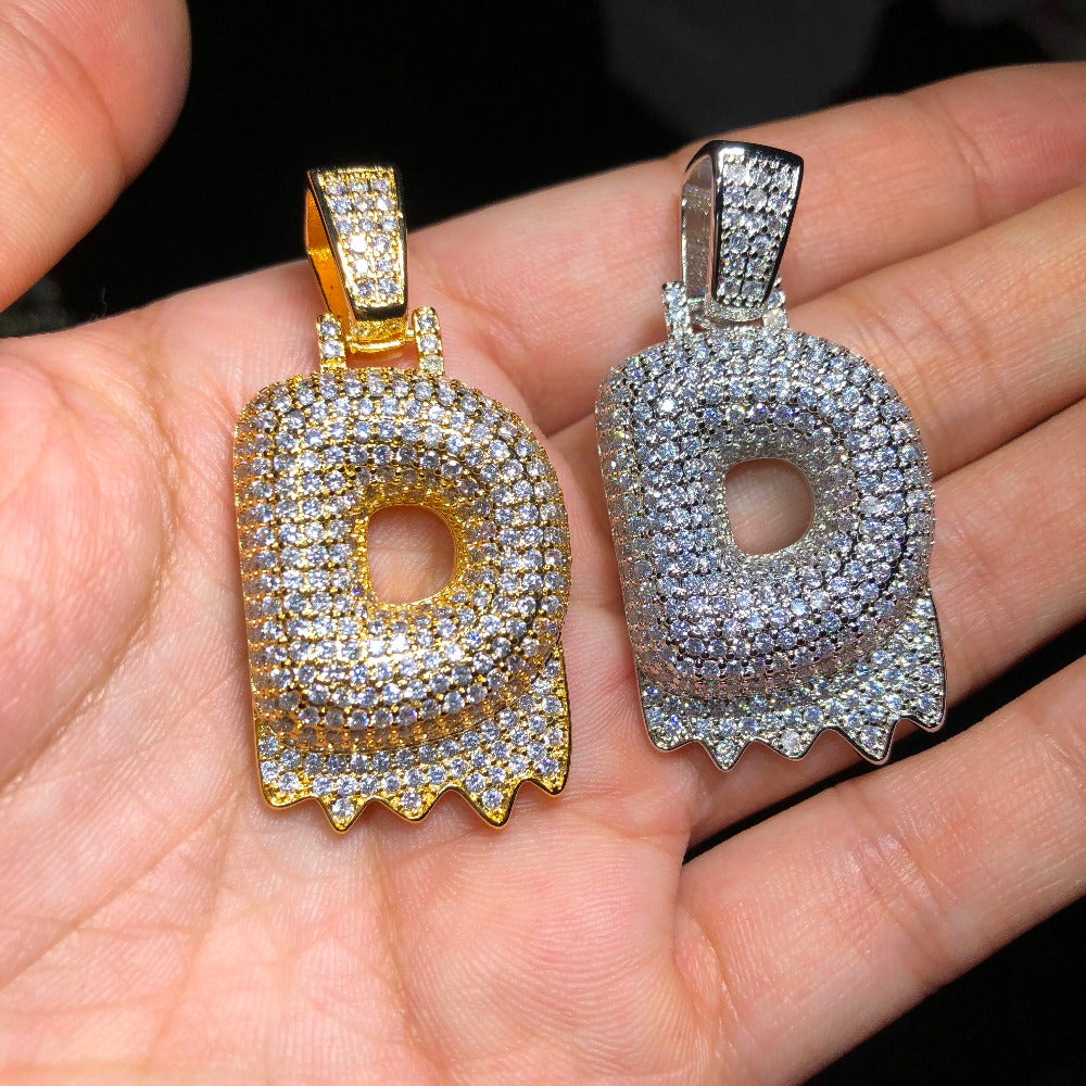 Custom Bubble Letters Initial A-Z Alphabet fire flame dripping cardi b drip drip diamond necklace 14K GOLD silver