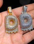 Custom Bubble Letters Initial A-Z Alphabet FIRE flame dripping cardi b drip drip diamond necklace 14K GOLD silver