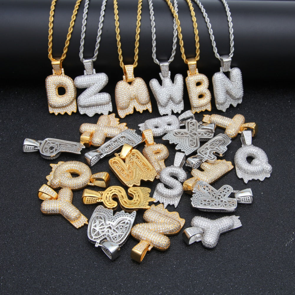 Custom Bubble Letters Initial A-Z Alphabet fire flame dripping cardi b drip drip diamond necklace 14K GOLD silver