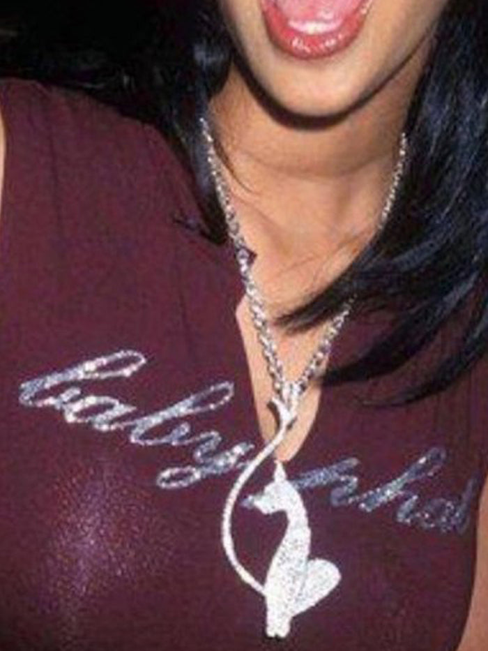 baby phat diamond necklace chain on Kimora circa 2000 fashion show catwalk buy baby phat complex jewelry clothing line