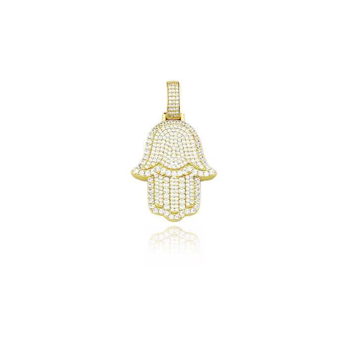 hamsa hand pendant in gold fully iced