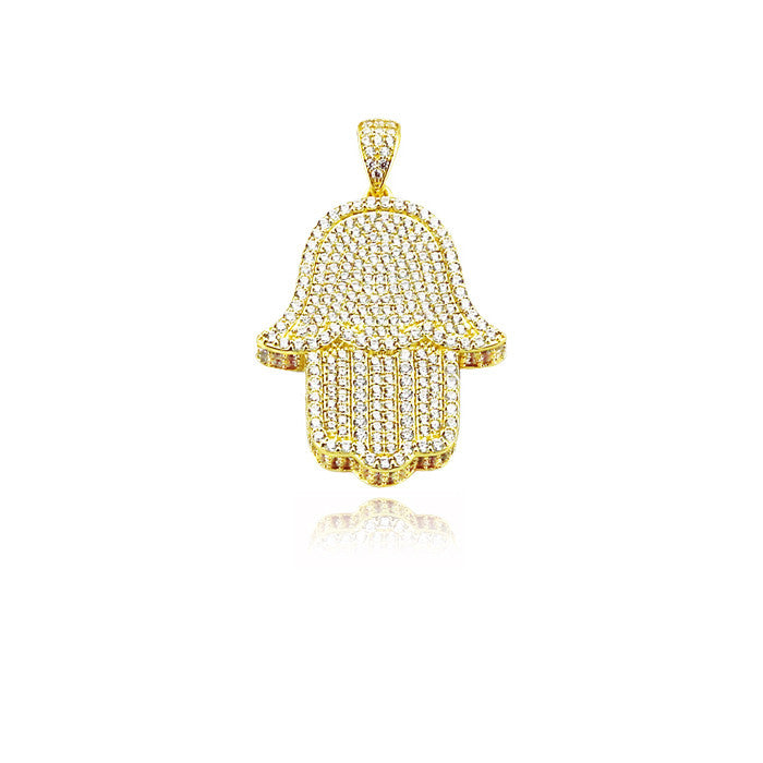 Hamsa hand large fully iced diamonds pendant necklace gold