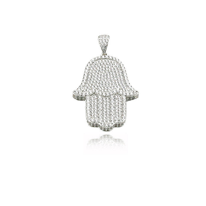 Hamsa hand large fully iced diamonds pendant necklace silver