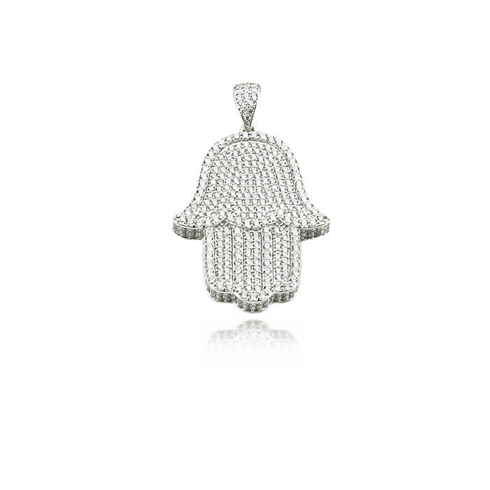 Hamsa hand large fully iced diamonds pendant necklace silver