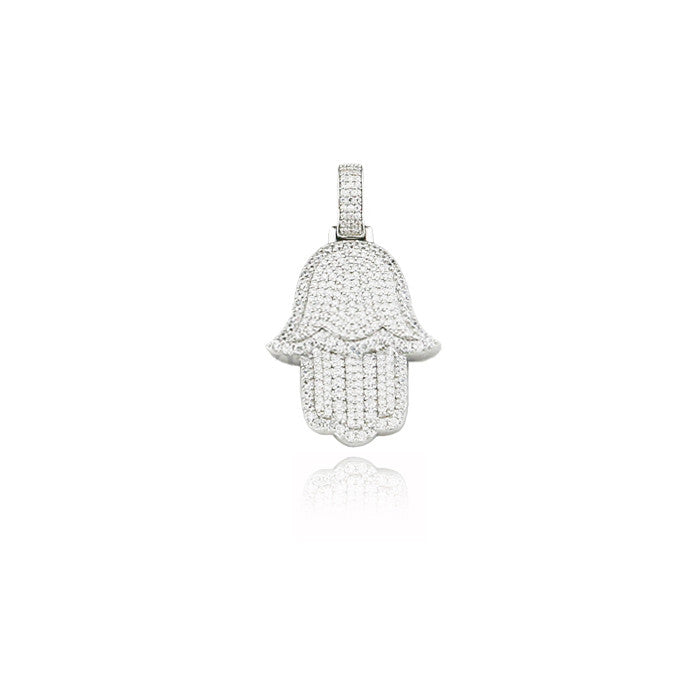 Hamsa hand fully iced pendant necklace in silver