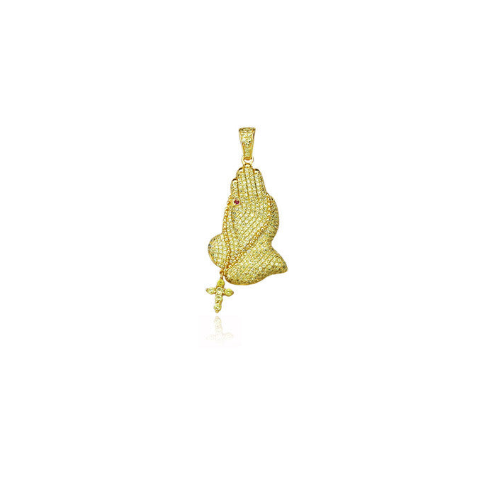Praying hands mini pendant in gold with yellow diamonds