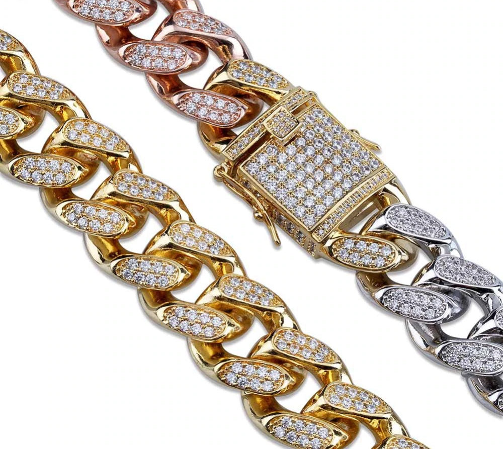 Miami Cuban Chain 14mm 18mm tri-colored Necklace Chain For Men Gold Silver Color Iced Out Micro Pave Cubic Zircon Hip Hop Jewelry shopgld