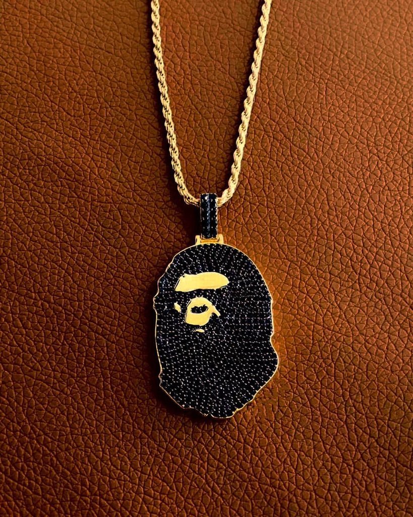 Custom diamond bape pendant necklace chain in black and gold